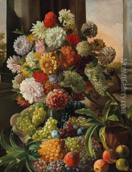 Flowers - Still Life With Fruit And Thieving Monkey Oil Painting - Leopold von Stoll