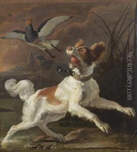 Jagdhund Mit Aufgestobertem Vogel
 Im Schilf. Oil Painting - Abraham Hondius