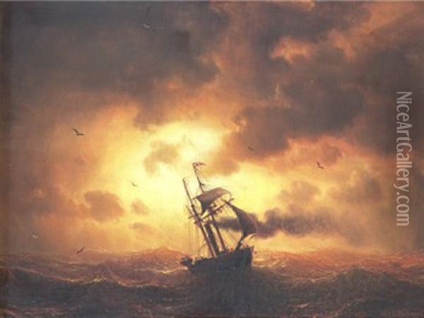 Angfartyg I Solnedgang Oil Painting - Marcus Larsson