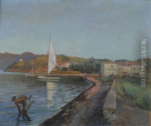 Paesaggio Lacustre Con Barca E Figura Oil Painting - Filippo Martori Savini