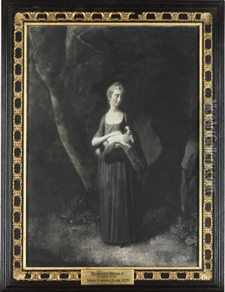 Portrait Of Miss Cunningham Holding Her King Charles Spaniel, Small Full Length Oil Painting - Robert Healy