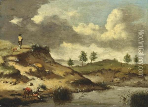 A River Landscape With Anglers On A Bank Oil Painting - Jan Wijnants
