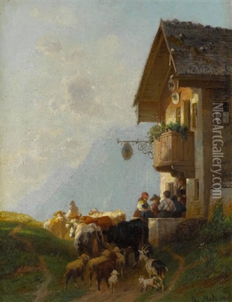 Bauer Mit Vieh Auf Dem Heimweg Vor Dem Gasthaus Oil Painting - Christian Friedrich Mali
