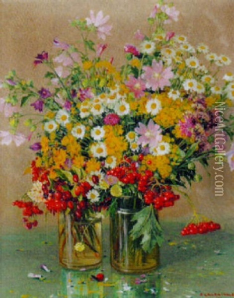 Zwei Glaser Mit Blumen Oil Painting - Peter Grabwinkler