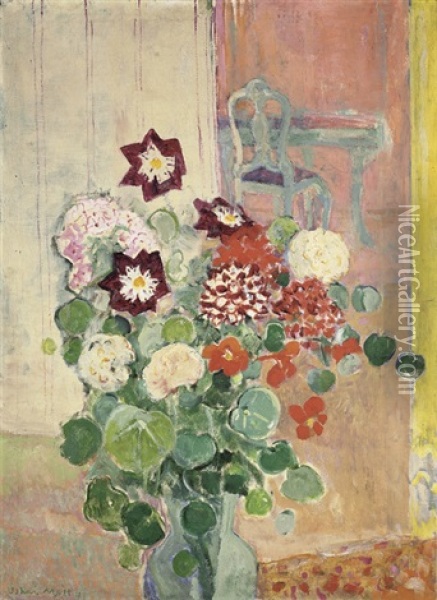 Blumenstrauss Mit Dahlien, Kresse Und Weissem Stuhl Oil Painting - Oskar Moll
