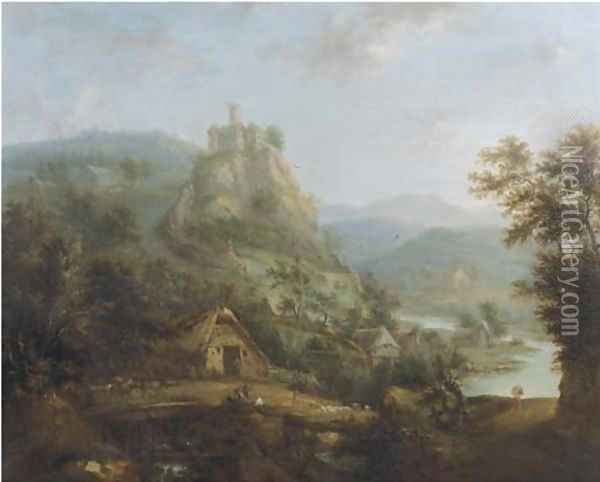 An extensive mountain river landscape with a bridge and peasants in a village by a river, a castle in the distance Oil Painting - Christian Cornelis Schutz