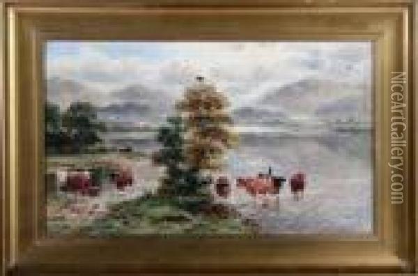 Highland Cattle At A Loch Shore Oil Painting - William Langley