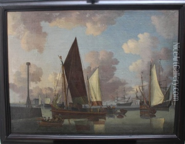 Ships And Boats At Calm Sea Oil Painting - Willem van de Velde the Younger