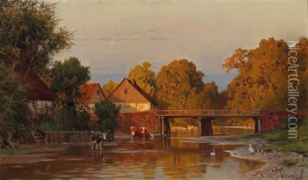 River With Animals In The Afternoon Sun Oil Painting - Walter Moras