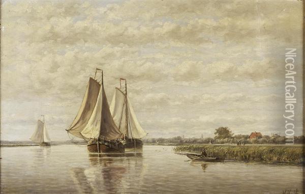 Barges On A Canal Oil Painting - Hendrik Hulk