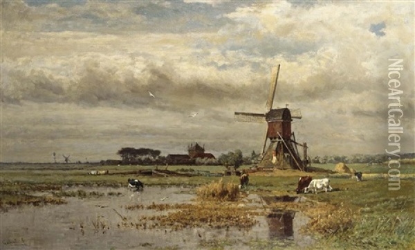 A Windmill In A Polder Landscape Oil Painting - Paul Joseph Constantin Gabriel