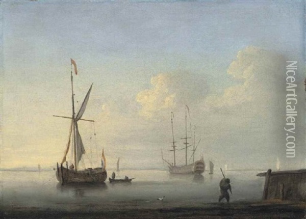 A Coastal Landscape With A Dutch Galjoot At Anchor And A Man-of-war In A Calm Oil Painting - Willem van de Velde III