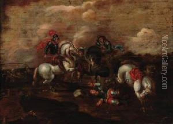 Cavalrymen Engaged In Battle Before A Fortress; And A Cavalryskirmish Oil Painting - Guglielmo Cortese Il Borgognone