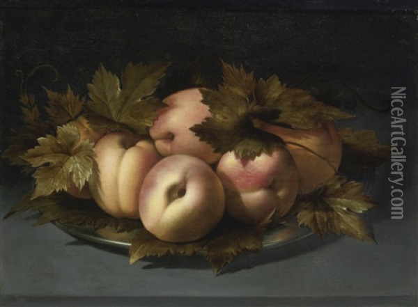 A Still Life Of Peaches On A Pewter Plate Oil Painting - Panfilo Nuvolone