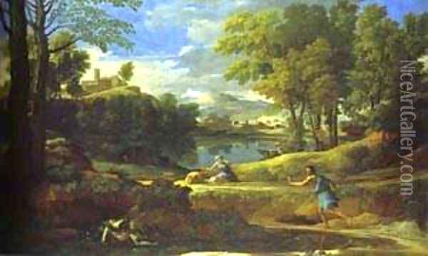 Landscape With A Man Running From Serpent 1648 Oil Painting - Nicolas Poussin