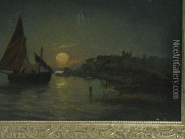 Marina Di Notte Con Barca Di Pescatori Oil Painting - Natale Gavagnin