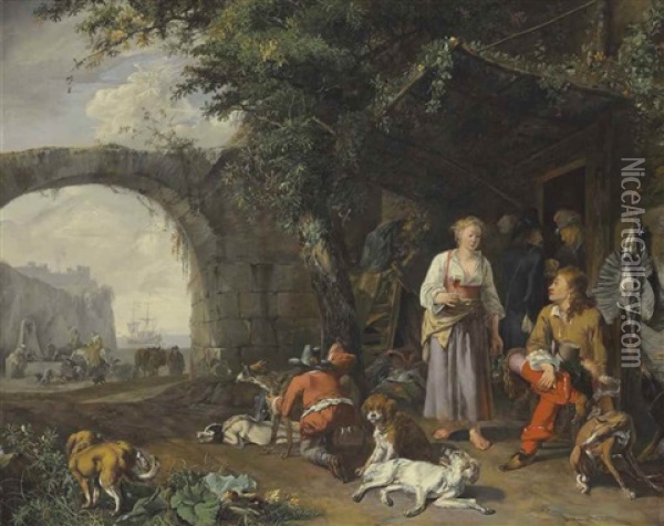 A Sportsman Offered Refreshment Outside An Inn While His Dogs Rest After A Hunt Oil Painting - Abraham Danielsz Hondius