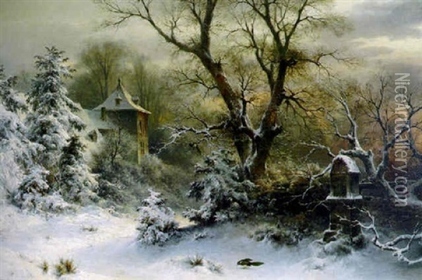 Birds Feeding On A Winter's Day Oil Painting - Sophus Jacobsen
