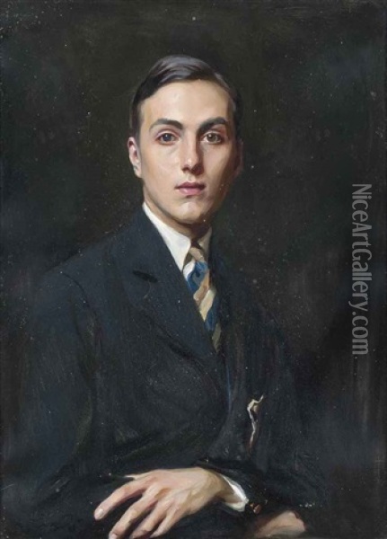 Portrait Of Angus Vickers (1904-1990), Half-length, In A Dark Blue Jacket And Tie Oil Painting - Philip Alexius De Laszlo