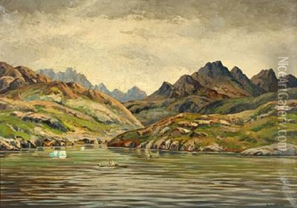 A Kayak Oarsman In A Bay By Angmagssalik, East Greenland Oil Painting - Emanuel A. Petersen