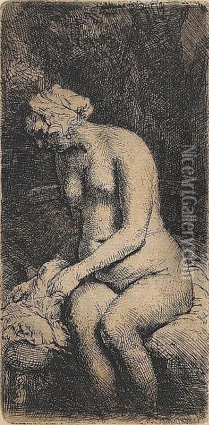 Woman Bathing Her Feet At A Brook (bartsch 200) Oil Painting - Rembrandt Van Rijn