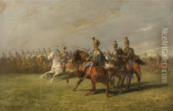 Preusische Husaren Zu Pferd In Galizien Mit Furst Karl Von Liechtenstein Oil Painting - Leopold de Besenval