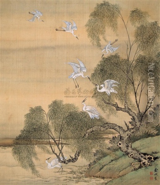 Flying Egrets And Willow Oil Painting -  Jin Cheng