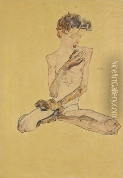 Sitzender Junge (Seated Boy) Oil Painting - Egon Schiele