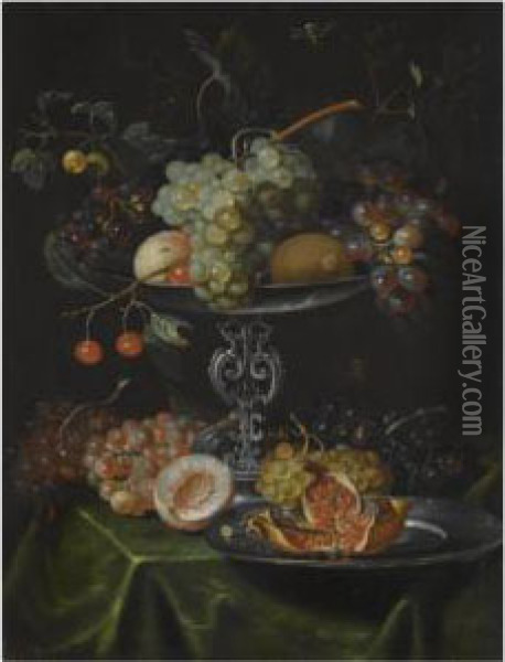 A Still Life With Grapes, Pomegranates And Peaches In A Silver Dish Oil Painting - Jacob Marrel