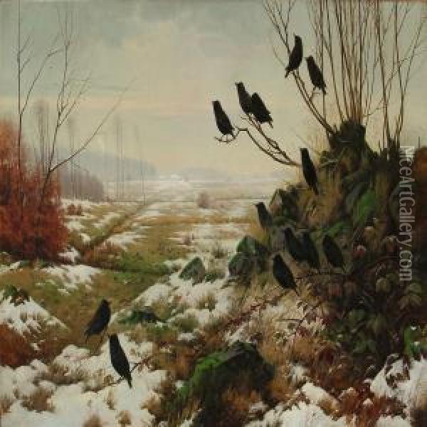 Landscape With Starlings At Winter Time Oil Painting - Carl H.K. Moller