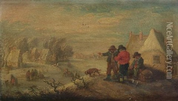 Winter: Peasants Discoursing Outside A Cottage With A Frozen River And Village Beyond (+ Autumn: Peasants Gathering And Treading Grapes Outside A Cottage; Pair) Oil Painting - Theobald Michau