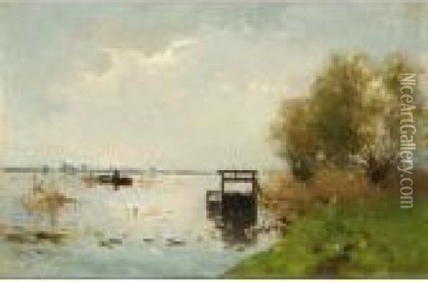 An Angler In A Polder Landscape Oil Painting - Willem Johannes Weissenbruch