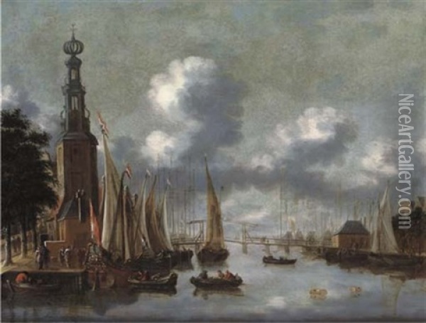 The Montelbaanstoren With The Oude Schans, Amsterdam (+ The Haringpackerstoren With The Damrak And The Ij, Amsterdam; Pair) Oil Painting - Thomas Heeremans