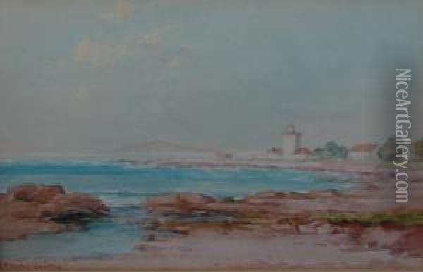 Seascape From Rocky Shore With Buildings Before A Distant Mountain
 Range Oil Painting - James Mcculloch Robertson