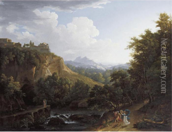Arcadian Landscape With A Couple And Child Dancing On A Path By A River Oil Painting - Nicolas Antoine Taunay