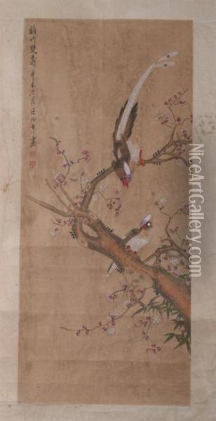 Birds, Prunus Tree And Bamboo Oil Painting - Ren Yi