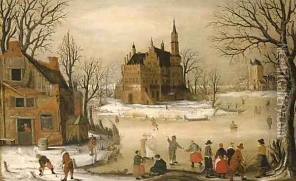 Figures in a winter landscape with a castle beyond Oil Painting - Hendrick Avercamp
