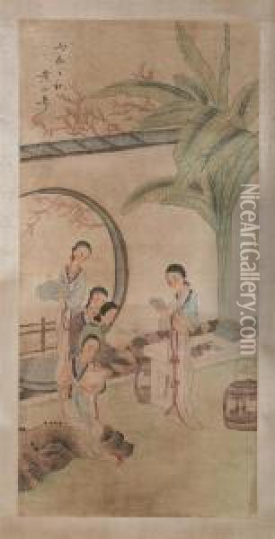 Female Scholars In Courtyard Oil Painting - Huang Shanshou