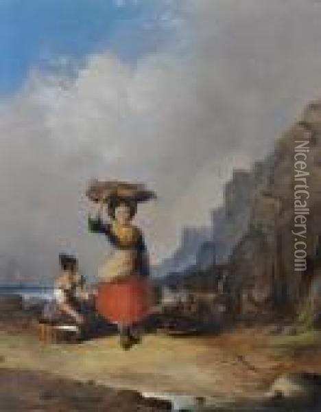 Fisher Girls On The Beach Oil Painting - Snr William Shayer