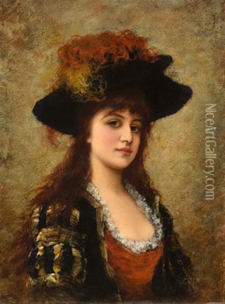 A Young Beauty With A Feathered Hat Oil Painting - Emile Eisman-Semenowsky