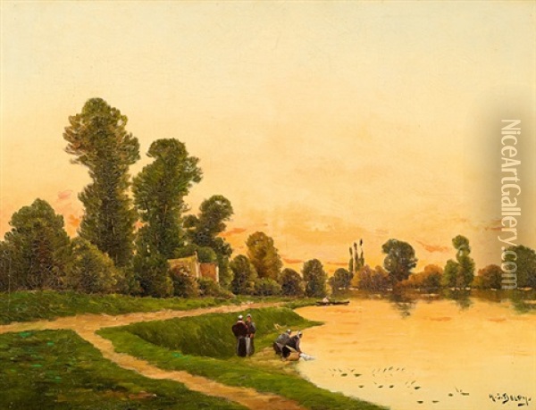 Flusslandschaft In Romantischer Abendstimmung Oil Painting - Hippolyte Camille Delpy