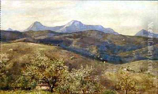 Spring landscape with a distant view of Monte Catria Early Morning Oil Painting - Giovanni Costa