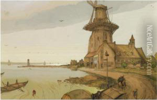 A Windmill In A Dutch River Landscape Oil Painting - Georges de Feure