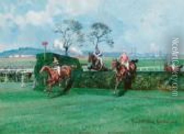 The Grand Military Gold Cup, Sandown Park 1906 Oil Painting - John Beer