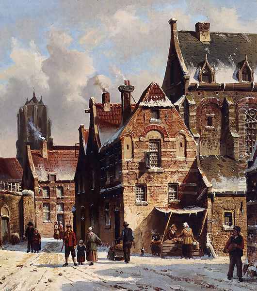 Figures In The Streets Of A Wintry Town Oil Painting - Adrianus Eversen