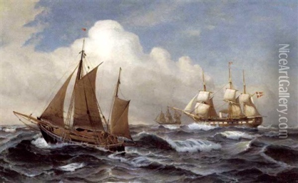 Fiskerbad Og Dampskruefregat Pa Havet Oil Painting - Vilhelm Victor Bille