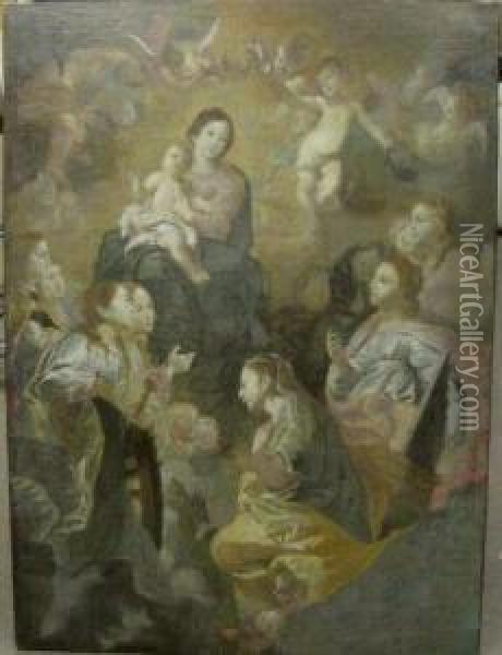 The Holy Family Adorned By Female Saints And Angels Oil Painting - Cornelis I Schut