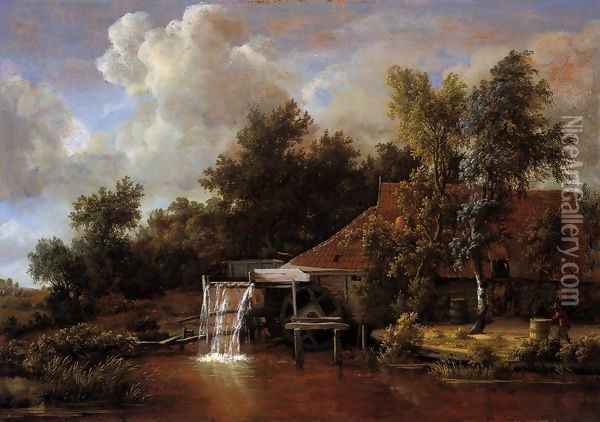 A Watermill Oil Painting - Meindert Hobbema