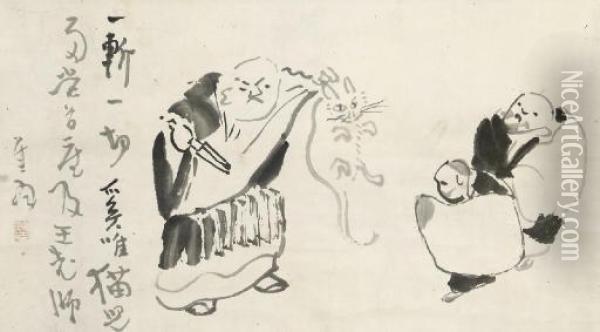 Nanquan Chopping The Kitten In Two Oil Painting - Sengai Gibon