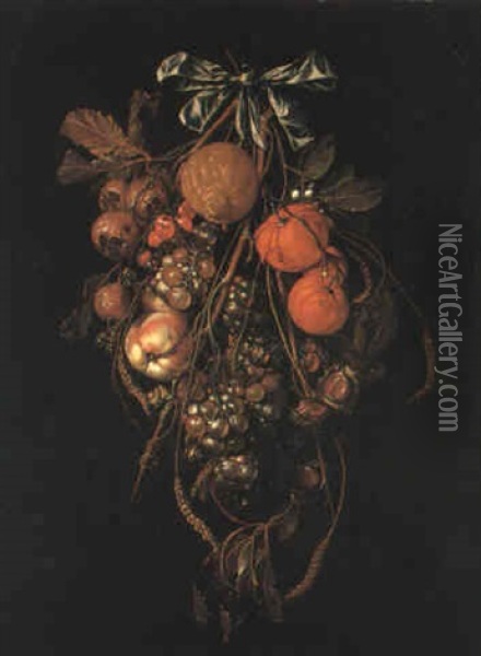 Grapes, Oranges And Other Fruit Suspended From A Nail Tied With Ribbon Oil Painting - Cornelis De Heem